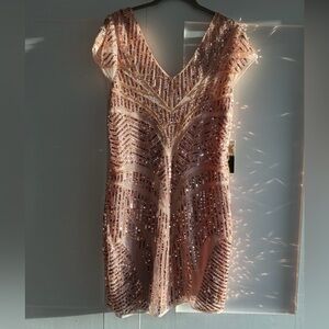 Verte Sequined V-Neck Mini Dress in Rose Gold